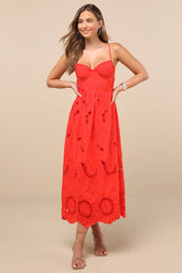 Jenora Bright Red Embroidered Bustier Midi Dress