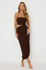 Midnight Enchantment Halter Mesh Midi Dress Brown