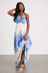 Leona Ivory and Blue Floral Halter Maxi Dress