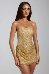 Embellished Bandeau A-Line Mini Dress in Gold