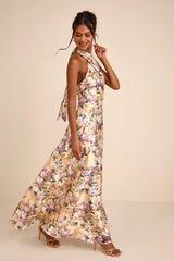 Samana Light Yellow Multi Floral Cross-Front Maxi Dress