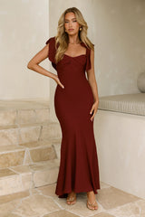 Elegant Twist Front Tie Shoulder Maxi Dress Burgundy