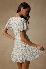 So True White Floral Print Tiered Short Sleeve Mini Dress