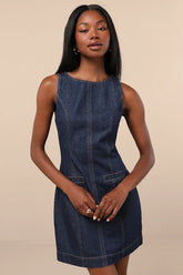 Cataleya Dark Wash Denim Boat Neck Mini Dress