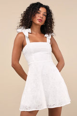 Sneak a Kiss White Floral Embroidered Tie-Strap Mini Dress