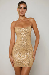 Embellished Bodycon Mini Dress in Gold