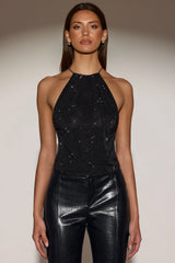 Embellished Backless Halterneck Top in Black