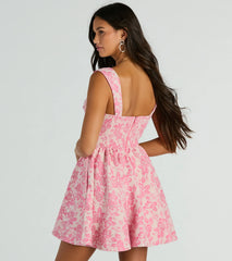 Cassie Corset Floral Jacquard Party Skater Dress
