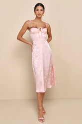 Ethereal Muse Light Pink Satin Jacquard Embroidered Midi Dress
