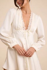 Goldia Ivory Satin Long Sleeve Babydoll Mini Dress