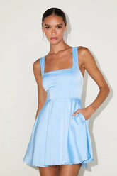Admirably Chic Light Blue Satin Lace-Up Mini Dress with Pockets