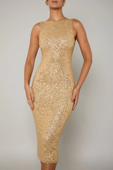 Embellished Open-Back Midaxi Dress in Gold