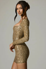 Embellished Sweetheart-Neck Mini Dress in Gold