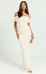 Caterina Maxi - Ruched Off Shoulder Mesh Dress in Off White