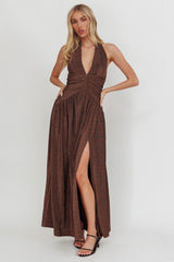 Italia Azure Gathered Waist Maxi Dress Shimmer Chocolate
