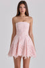 pink strapless cut out broderie anglaise mini dress