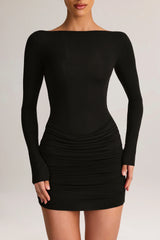 Modal Boat-Neck Draped Long-Sleeve Mini Dress in Black