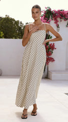 Nicole Spaghetti Strap Maxi Dress - Beige/Black Polka Dot