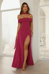 Midnight Elegance Off Shoulder Maxi Dress Magenta