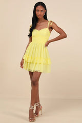 Angelic Approach Yellow Chiffon Ruffled Tie-Strap Mini Dress