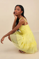 Angelic Approach Yellow Chiffon Ruffled Tie-Strap Mini Dress