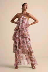 Melody Pink Floral Tiered Halter Maxi Dress