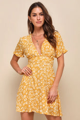Garden Explorer Mustard Yellow Floral Print Mini Dress