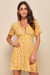 Garden Explorer Mustard Yellow Floral Print Mini Dress