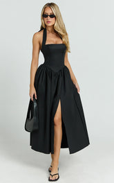 Halter Tie Neck Corset Panel Dress in Black