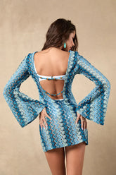 Valestra Blue Striped Crochet Long Sleeve Swim Cover-Up Dress