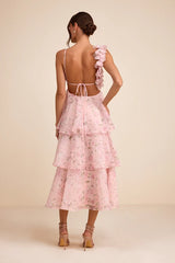 Daleyza Light Pink Floral Organza Tiered Midi Dress