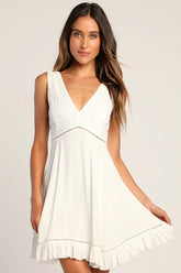 Endlessly Enticing White Embroidered Babydoll Mini Dress