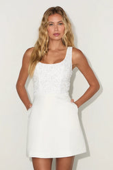 Shireen White Satin Sequin Beaded Mini Dress