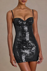 Sequin Lace Corset Mini Dress in Black