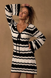 Elora Black and White Striped Crochet Tie-Front Swim Cover-Up