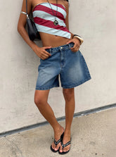 Torri Longline Denim Shorts Mid Blue Wash
