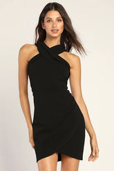 Headed to Cocktail Hour Black Halter Tulip Mini Dress