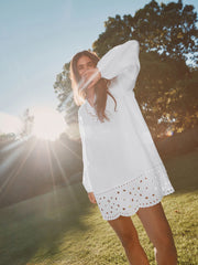 White Long Sleeve Broderie Summer Mini Dress