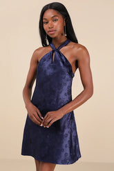 Got the Key Navy Satin Floral Jacquard Halter Mini Dress