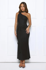 Aurora Elegance One Shoulder Mesh Maxi Dress Black
