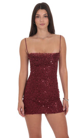 Draped Sequin Beaded Bodycon Dress in Burgundy