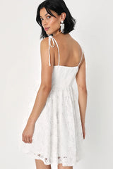Angelic Admiration White Lace Tie-Shoulder Babydoll Mini Dress