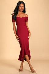 How Much I Care Black Off-the-Shoulder Midi Dress