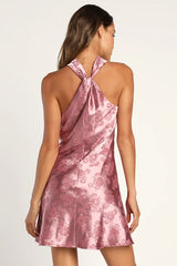 Got the Key Mauve Satin Floral Jacquard Halter Mini Dress
