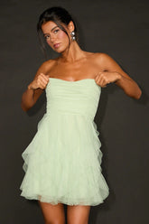 Delightful Beauty Mint Green Mesh Strapless Ruffled Mini Dress