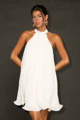 Vaivah Ivory Satin Plisse Mock Neck Swing Mini Dress