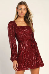 Festive Mood Wine Red Sequin Long Sleeve Mini Dress