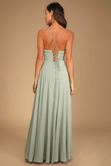Romantically Speaking Sage Green Cowl Lace-Up Maxi Dress