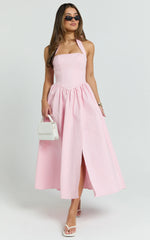 Halter Tie Neck Corset Panel Dress in Pink