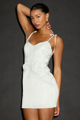 Nafissa White Satin Floral Applique Tie-Strap Mini Dress